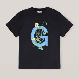 Ganni Basic Cotton Jersey T-shirt Logo Flower Phantom Black XL